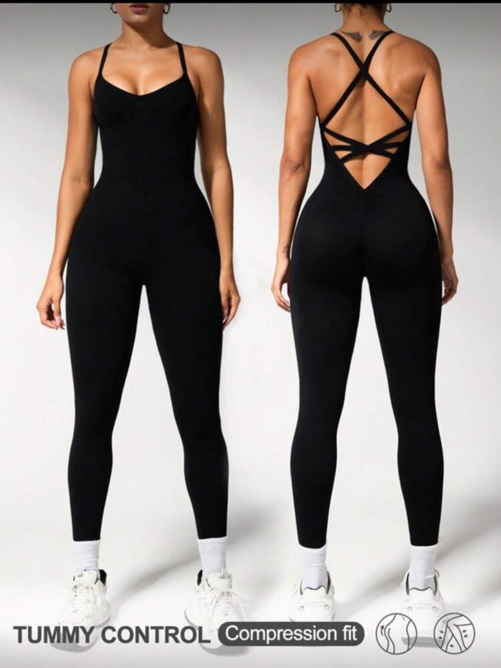 SHEIN Black Strappy Back Compression Jumpsuit
